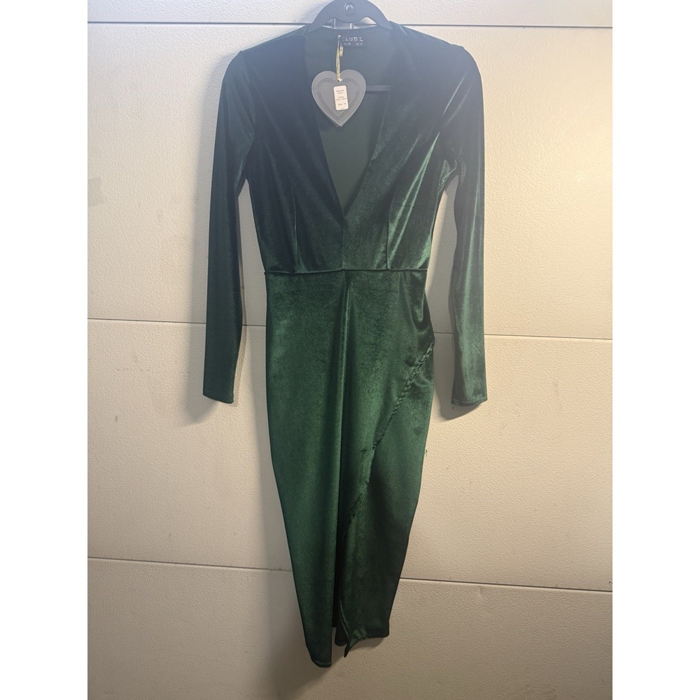 Club L London Deep Evergreen Velvet Midi Dress | Long Sleeve Wrap Slit | Size 10